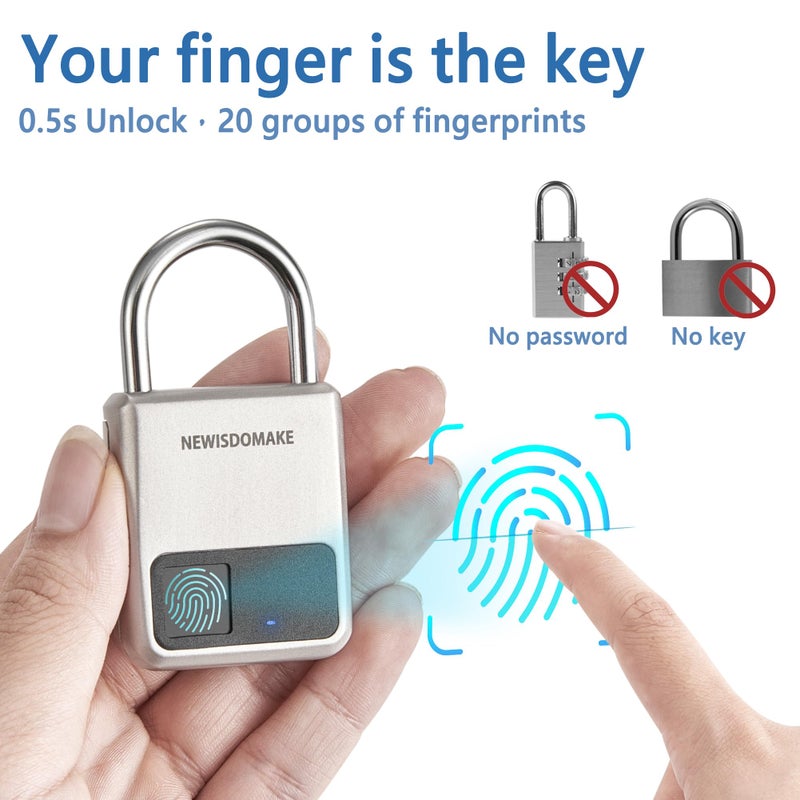 Newisdomake Fingerprint Padlock, Smart Padlock with USB Charging Support, Fingerprint Lock, Biometric Lock Suitable for Luggage, Bookcase, Suitcase, Backpack, Bike, School Locker, Gym Locker Lock(Gold) - Image 2